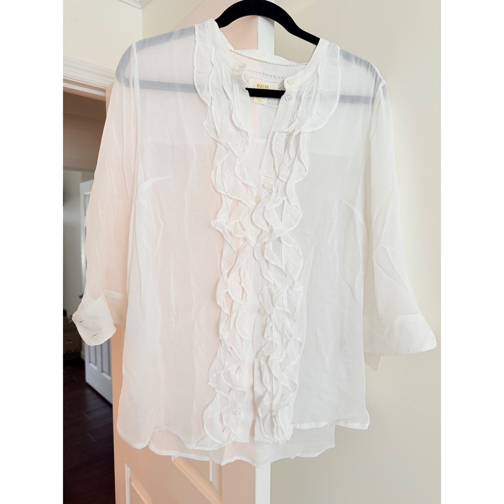 Maeve Anthropologie White Ruffle Front Blouse Viscose 3/4 Sleeve Top Medium